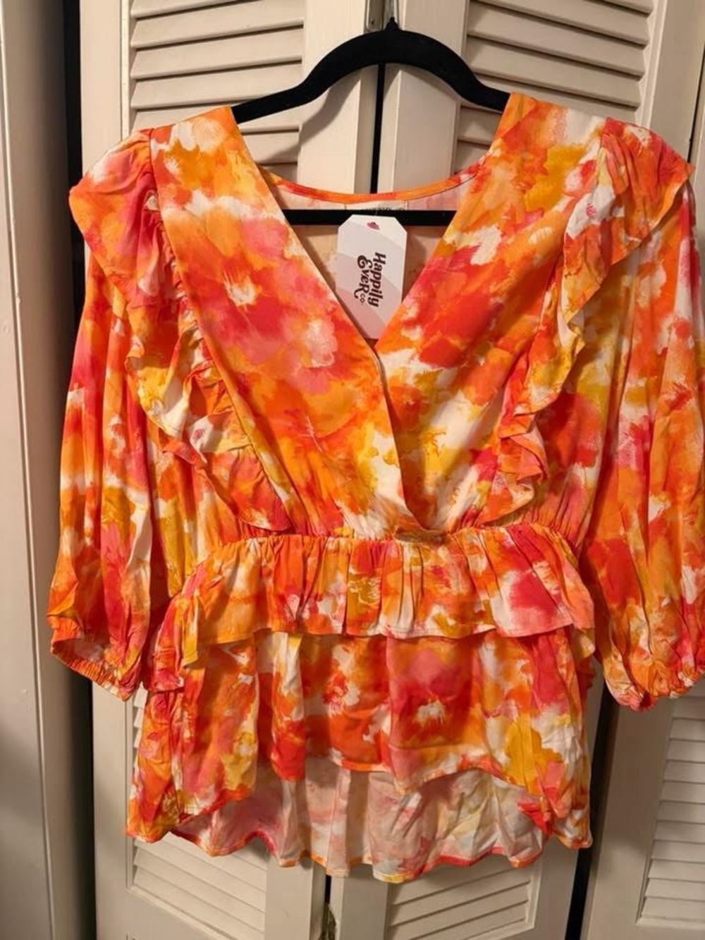 entro Orange Pink Yellow Watercolor Ruffle V-Neck Blouse